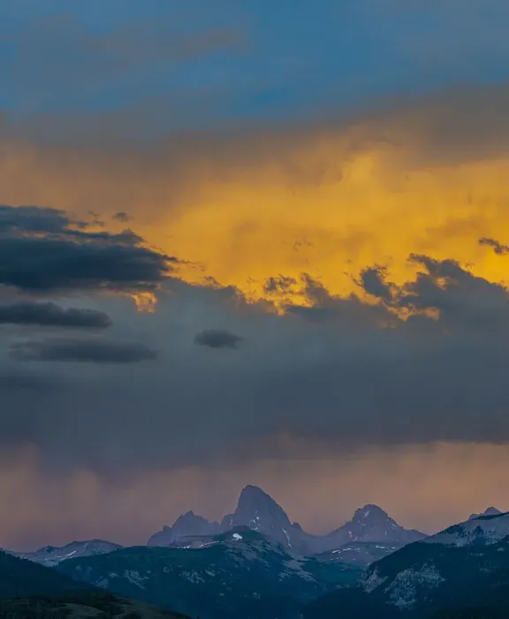 Framed Print : USA, Wyoming. Dramatic sky at sunset over Grand Teton, west side of Teton Mountains