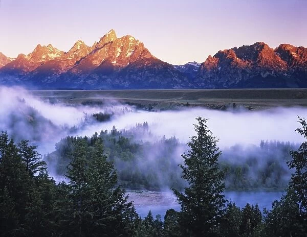 USA, Wyoming, Grand Teton Mountains. Misty mountain scenic seen from the Snake River