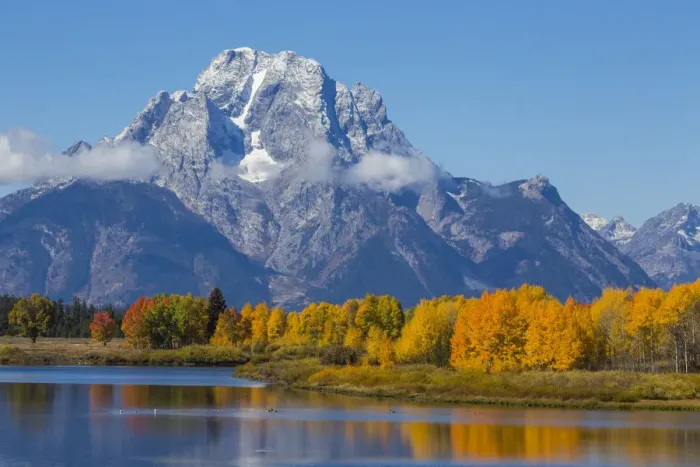 Framed Print : USA, Wyoming. Grand Teton National Park, fresh snowfall covers Mt. Moran on an autumn morning
