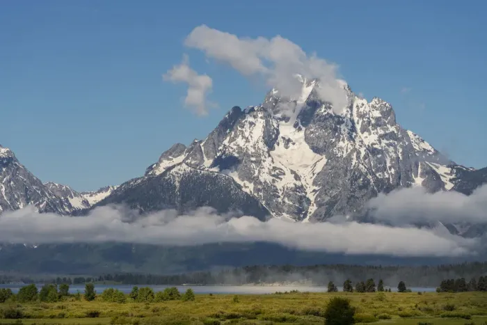Framed Print : USA, Wyoming, Grand Teton National Park. Mt. Moran behind clouds after spring snowstorm