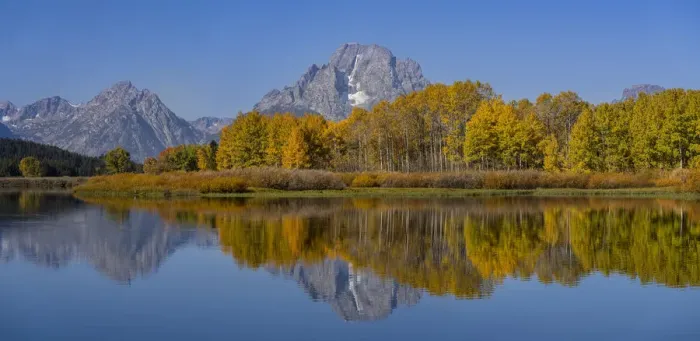 Framed Print : USA, Wyoming, Grand Teton National Park. Panoramic of reflected in Oxbow Bend in autumn