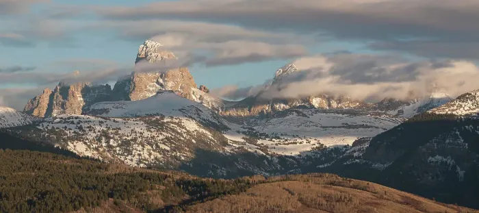 Framed Print : USA, Wyoming, Grand Teton National Park. Evening light on the Teton Range with fresh snow