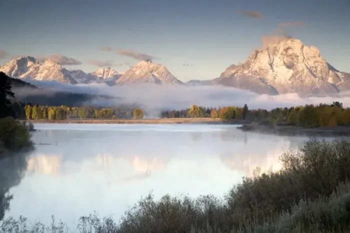 Framed Print : USA. Wyoming. Grand Tetons National Park. Snake river meanders up to Mt. Moran while Framed Print : USA. Wyoming. Grand Tetons National Park. Snake river meanders up to Mt. Moran while