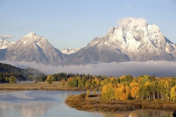USA. Wyoming. Grand Tetons National Park. Snake river meanders up to snowy Mt. Moran