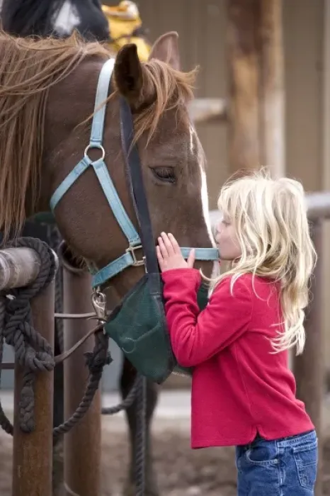 Framed Print : USA. Wyoming. Grand Tetons National Park. Young girl gives a kiss to a horse in a Tetons stable