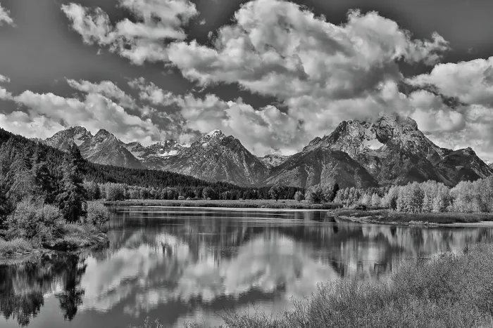 Framed Print : USA, Wyoming. Grand Tetons National Park Snake River viewed from Oxbow Bend with Tetons mountains in reflection in Black and White Framed Print : USA, Wyoming. Grand Tetons National Park Snake River viewed from Oxbow Bend with Tetons mountains in reflection in Black and White