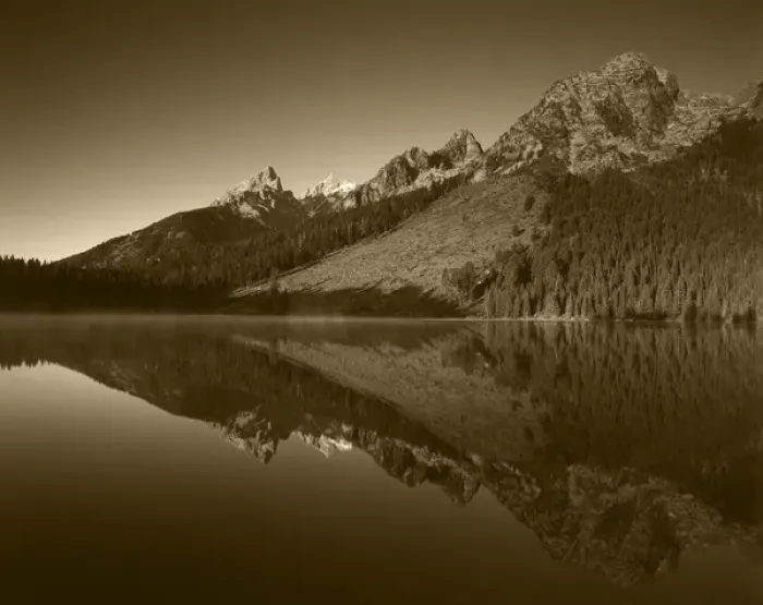 Framed Print : USA, Wyoming, Grande Teton National Park, Cathedral group mountain reflecting in