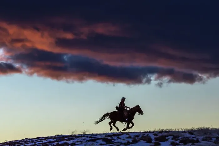 Framed Print : USA, Wyoming. Hideout Horse Ranch, wrangler and horse at sunset. (MR, PR) Framed Print : USA, Wyoming. Hideout Horse Ranch, wrangler and horse at sunset. (MR, PR)