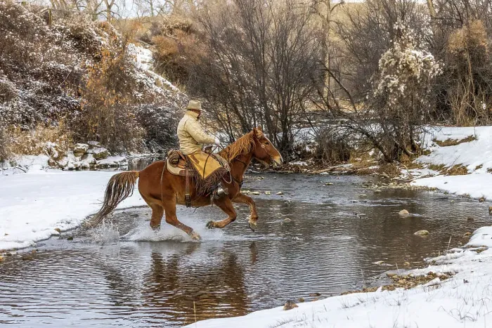 Framed Print : USA, Wyoming. Hideout Horse Ranch, wrangler crossing the stream on horseback. (MR, PR) Framed Print : USA, Wyoming. Hideout Horse Ranch, wrangler crossing the stream on horseback. (MR, PR)