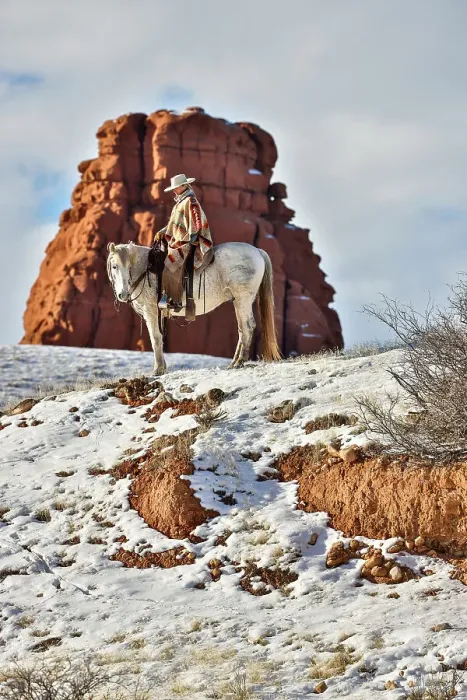 Framed Print : USA, Wyoming. Hideout Horse Ranch, wrangler on horseback in snow. (MR, PR)