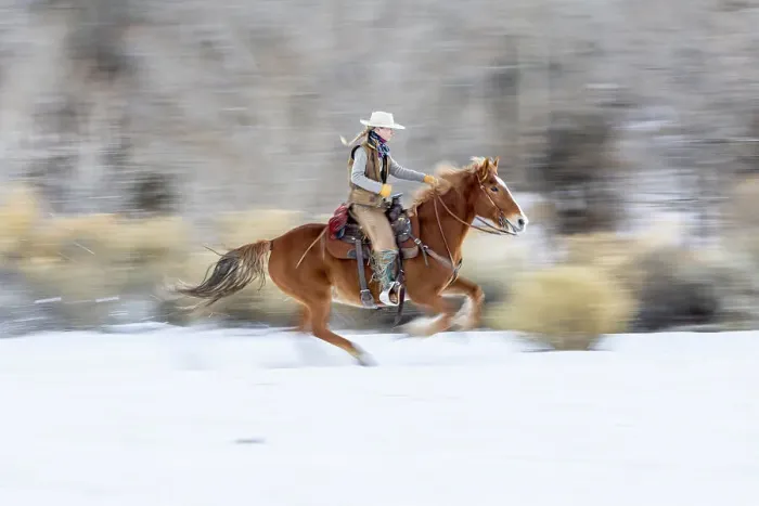 Framed Print : USA, Wyoming. Hideout Horse Ranch, wrangler on horseback in snow. (MR, PR) Framed Print : USA, Wyoming. Hideout Horse Ranch, wrangler on horseback in snow. (MR, PR)