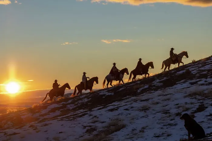 Framed Print : USA, Wyoming. Hideout Horse Ranch, wranglers on horseback in snow at sunset. (MR, PR) Framed Print : USA, Wyoming. Hideout Horse Ranch, wranglers on horseback in snow at sunset. (MR, PR)