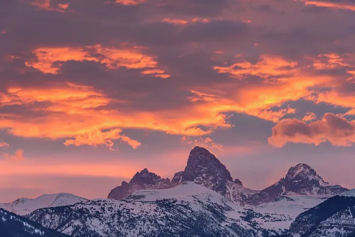 Framed Print : USA, Wyoming. Orange sunset combined with classic landscape of Table, Grand and Middle Teton and Mt. Owen from the west