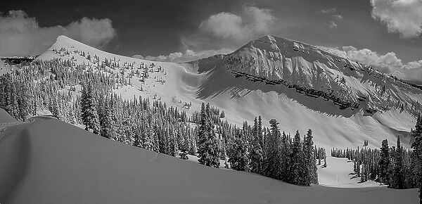 USA, Wyoming. Panoramic of Peaked Mountain and Mary's Nipple, Grand Targhee Resort with new snow