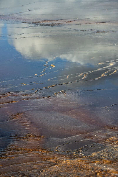 USA, Wyoming. Reflections on Grand Prismatic Springs, Upper Geyser Basin