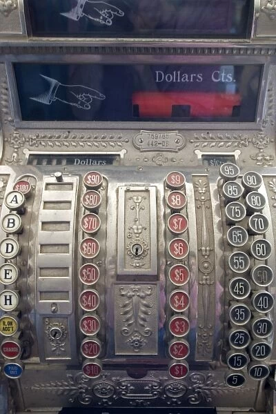 USA, Wyoming, South Pass City. Close-up of antique cash register