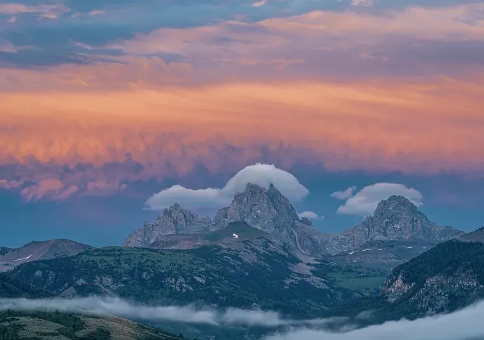 Framed Print : USA, Wyoming. Sunset and stratus clouds over Teton Range from the west Framed Print : USA, Wyoming. Sunset and stratus clouds over Teton Range from the west