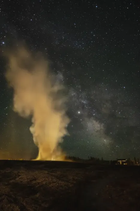 Framed Print : USA, Wyoming, Yellowstone National Park. Milky Way and erupting Old Faithful Geyser