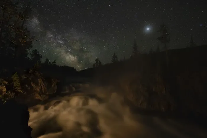Framed Print : USA, Wyoming, Yellowstone National Park. Milky Way floats above a waterfall on