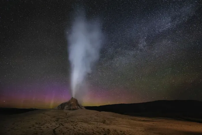 Framed Print : USA, Wyoming, Yellowstone National Park. Aurora and Milky Way above erupting White Dome Framed Print : USA, Wyoming, Yellowstone National Park. Aurora and Milky Way above erupting White Dome