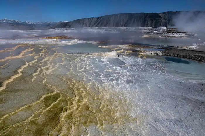 Framed Print : USA, Wyoming. Yellowstone National Park, Steam rising from Canary Springs, Mammoth Hot Springs Framed Print : USA, Wyoming. Yellowstone National Park, Steam rising from Canary Springs, Mammoth Hot Springs