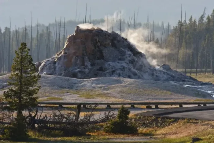 Framed Print : USA, Wyoming, Yellowstone National Park, Geyser spewing hot water and steam, June