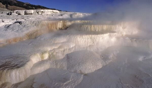 USA, Wyoming, Yellowstone NP. Mist from Mammoth Hot Springs fills the air in Yellowstone NP