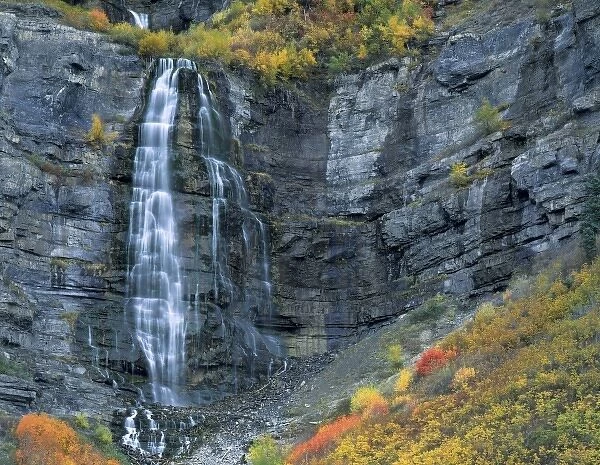Utah. USA. Bridal Veil Falls in autumn. Provo Canyon. Wasatch Mountains. UInta-Wasatch-Cache