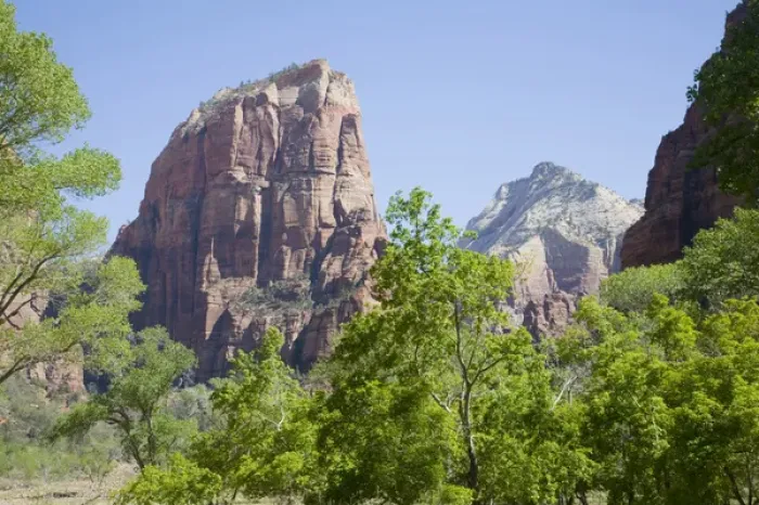 Framed Print : Utah, Zion National Park, Angels Landing, towers 1488 feet above the canyon floor