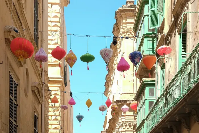 Framed Print : Valetta, Malta. Typical architecture. Chinese lanterns hang from above Framed Print : Valetta, Malta. Typical architecture. Chinese lanterns hang from above