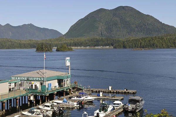 Vancouver Island, Tofino. Dock and marine supply store, Meares Island in background