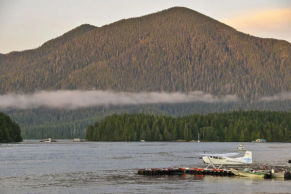 Vancouver Island, Tofino. Meares Island with seaplane in foreground