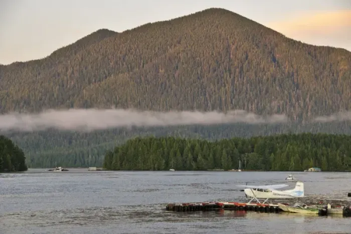 Framed Print : Vancouver Island, Tofino. Meares Island with seaplane in foreground Framed Print : Vancouver Island, Tofino. Meares Island with seaplane in foreground