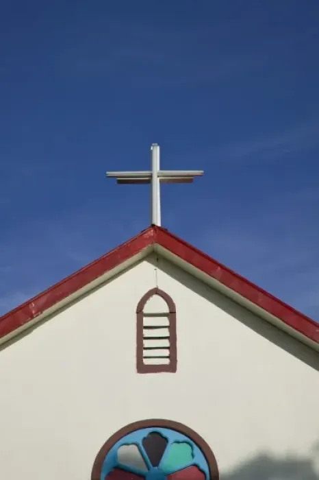 Framed Print : Vanuatu, Espiritu Santo Island, Luganville. La Roseraie Village Church  /  Morning
