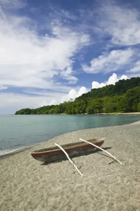 Framed Print : Vanuatu, Espiritu Santo Island, MATANTAS. View of Big Bay with outrigger boat Framed Print : Vanuatu, Espiritu Santo Island, MATANTAS. View of Big Bay with outrigger boat
