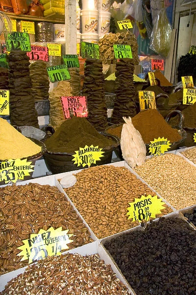 A variety of nuts and moles for sale at the Merced Market in Mexico City, Mexico