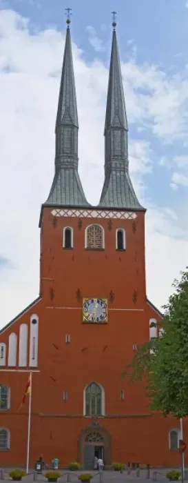 Framed Print : The Vaxjo cathedral church. The front facade with its two spires. Vaxjo town. Smaland region Framed Print : The Vaxjo cathedral church. The front facade with its two spires. Vaxjo town. Smaland region