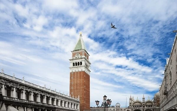 Venice, Veneto, Italy - A bird is flying in the sky above a plaza in a church courtyard
