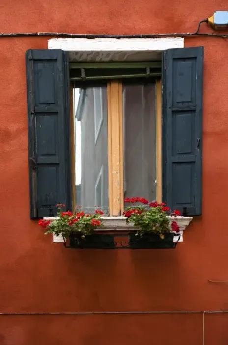 Framed Print : Venice, Veneto, Italy - Black wooden shutters and flowers in a planter frame a window Framed Print : Venice, Veneto, Italy - Black wooden shutters and flowers in a planter frame a window