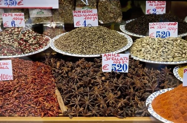 Venice, Veneto, Italy - Herbs and spices are on display for sale in bulk in an open