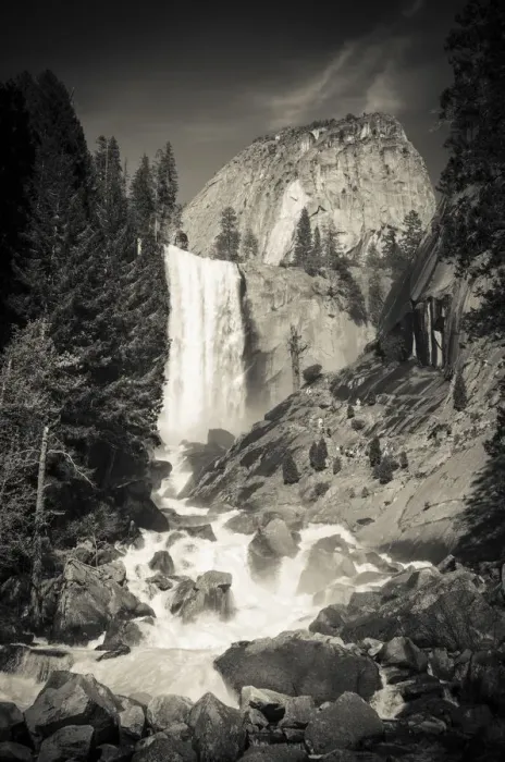Framed Print : Vernal Falls and hikers on the Mist Trail, Yosemite National Park, California, USA