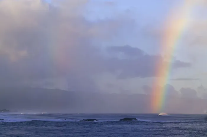 Framed Print : Vibrant rainbow offshore, Pacific storm waves, North Shore of Oahu, Hawaii Framed Print : Vibrant rainbow offshore, Pacific storm waves, North Shore of Oahu, Hawaii