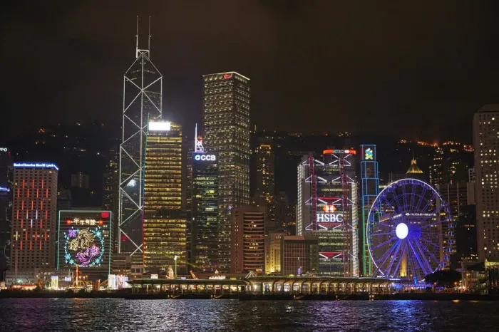 Framed Print : Victoria Harbour, skyscrapers and Hong Kong Observation Wheel, Central, Hong Kong Island