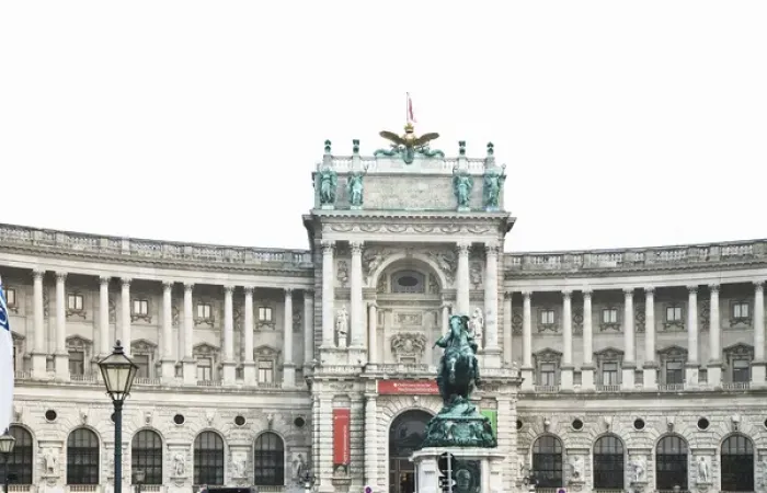 Framed Print : Vienna, Austria - Low angle view of the expansive exterior of a library building Framed Print : Vienna, Austria - Low angle view of the expansive exterior of a library building