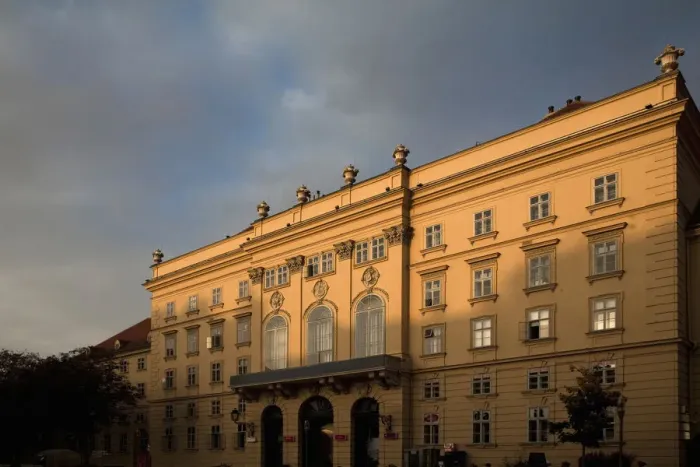 Framed Print : Vienna, Austria - Low angle view of an old world building. The bottom part of