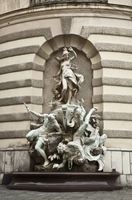 Framed Print : Vienna, Austria - Low angle view of a statue of three beings of a mythological nature