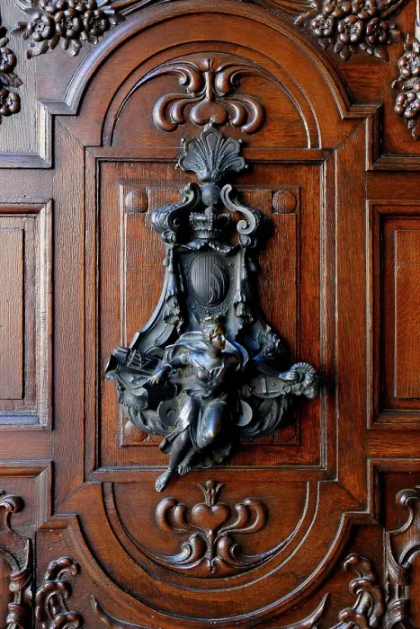 Framed Print : Vienna, Austria. Old beautiful wooden carved door from the 1800's