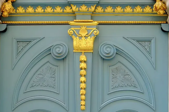 Framed Print : Vienna, Austria. Stunning blue carved door, 1800's