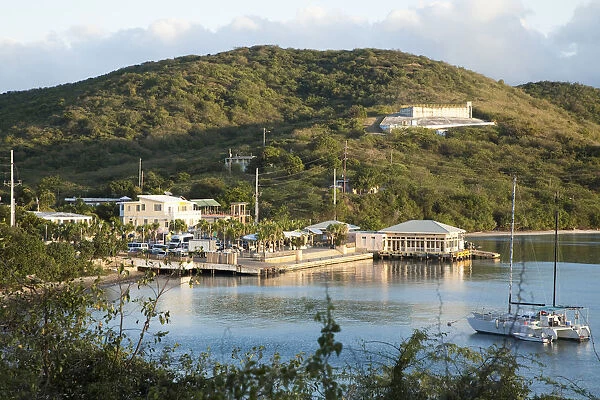 Vieques, Puerto Rico - A seaside marina is set in the waters of a calm ocean bay