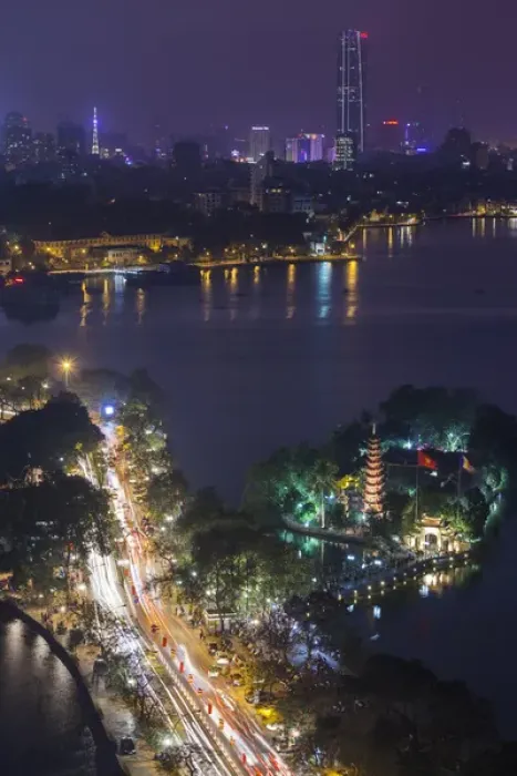 Framed Print : Vietnam, Hanoi, elevated city view by Tay Ho, West Lake, dusk